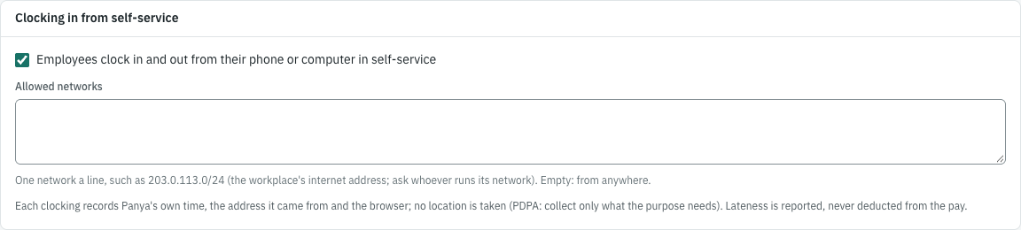 Clocking in from self-service, in the HR settings